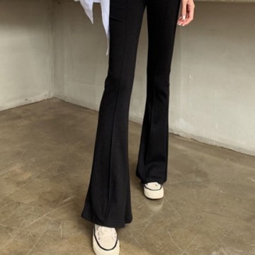 La Belleza黑色鬆緊腰車中線彈性棉質小喇叭褲(薄料)