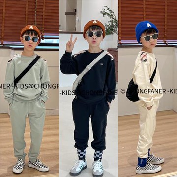 韓國出口童裝男童女童圓領毛圈字母印花運動套裝 100-165碼