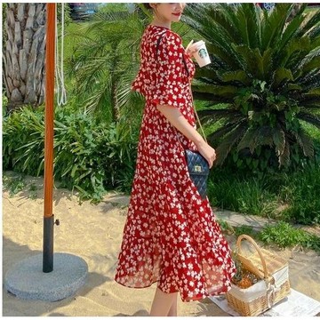 碎花洋裝 短袖連身裙 紅色雪紡連衣裙 碎花短袖 夏季新款 韓版 氣質 中長款 沙灘a字裙