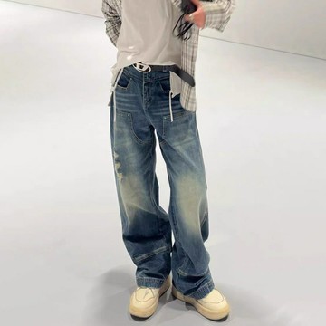24FW歐美風秀款水洗破壞綠松石牛仔褲工裝伐木褲王鶴棣同款長褲潮鑫弘-衣錦男裝
