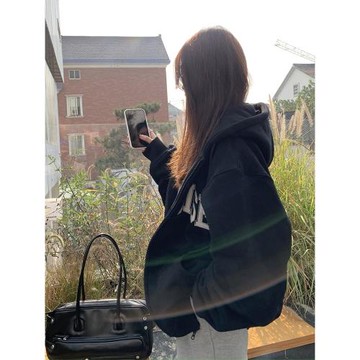 一只土狗/秋冬上衣外套oversize開衫連帽加絨衛衣女寬松慵懶風