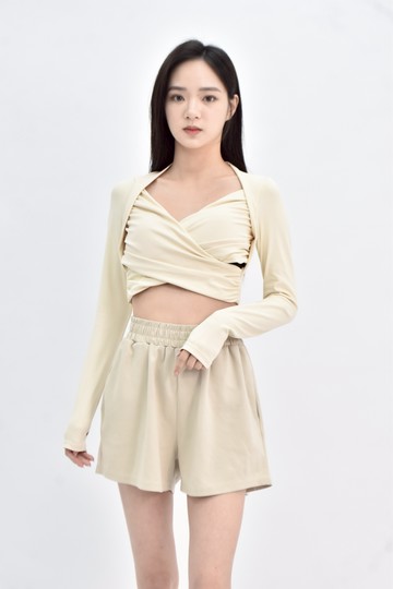 【加購優惠】(S) 短版 bra top杏色長袖上衣