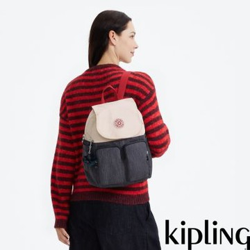 『猴子包』Kipling 牛仔拼接掀蓋多袋收納後背包-CITY POCKET S