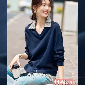 假兩件翻領條紋撞色分割上衣 M-2XL【544269X】【現+預】☆流行前線☆