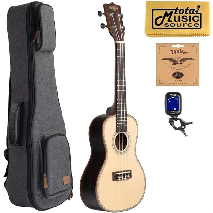 Kala KA-SSEBY-C Spruce Top, Ebony Body Concert Ukulele, Gray Sonoma Case Bundle