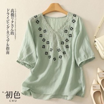 初色 文藝棉麻風刺繡蕾絲繡花寬鬆V領五分短袖T恤上衣女上衣-共7色-13967(M-3XL可選)