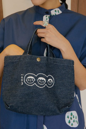 牛仔布 刺繡隨身提袋 WHO咖啡豆鄰居 iii野餐袋 外出小袋