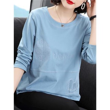中年媽媽春秋裝純棉上衣時尚刺繡t恤長袖寬松遮肚洋氣拼接打底衫