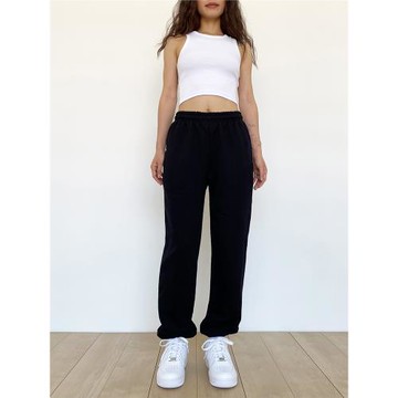 SWAGAL女裝秋冬厚款復古百搭黑色加絨抽繩高腰束腳衛褲運動長褲女