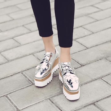 天天特價星星松糕鞋女厚底防水臺坡跟方頭單鞋系帶增高高跟鞋銀色