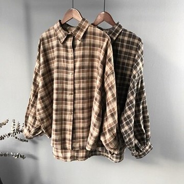 襯衫格紋長袖上衣-復古燈籠袖隨性經典女上衣2色73rg23【獨家進口】【米蘭精品】
