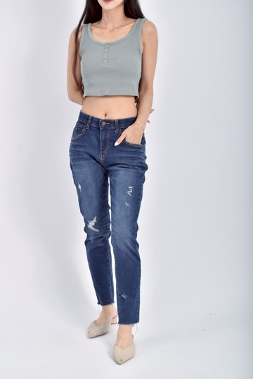 (M) o zzang denim韓牌棉質低腰鬆緊腰藍色長褲