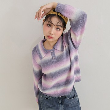 渲染條紋翻領針織上衣