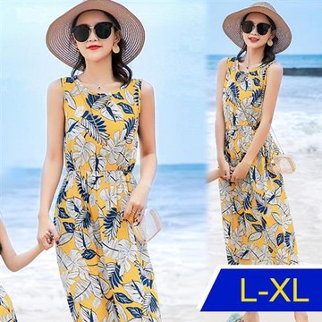 【韓國K.W.】韓國棉稠顯瘦香蕉葉背心洋裝(渡假風/棉綢/輕薄)