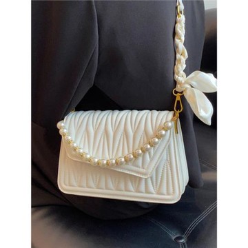 官網輕奢小眾設計包包女新款高級感褶皺珍珠單肩斜挎包真皮小方包
