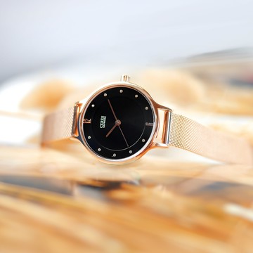 EROS CERES 贈錶帶 / LQ3053RG-BK / 藍寶石水晶玻璃 晶鑽 米蘭編織不鏽鋼手錶 禮盒組 黑x鍍玫瑰金 30mm