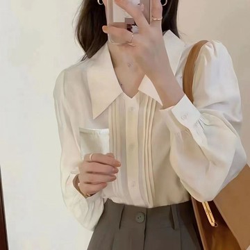 法式polo領春秋季長袖襯衫女設計感小衆復古泡泡袖內搭風琴褶襯衣 襯衫 襯衣 長袖上衣 純欲襯衫 上衣
