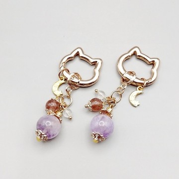 天然水晶 貓咪造型 紫水晶+草莓晶 鑰匙圈 貓 cat 吊飾 生日禮物