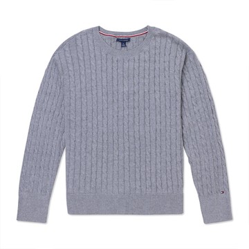 TOMMY 熱銷圓領袖口Logo麻花針織毛衣(女)-灰色