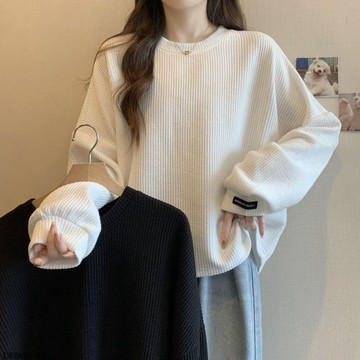 坑條長袖打底衫T恤女春秋冬季內搭寬鬆顯瘦大碼中長款上衣女