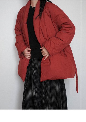 民族風復古袍式紅色繭型 90 白鴨絨加厚羽絨服