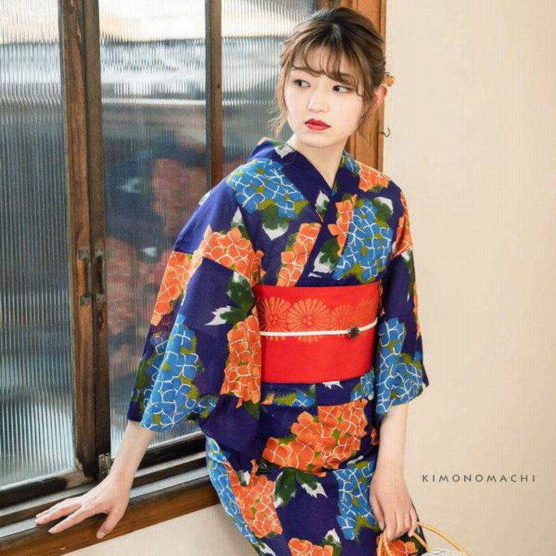 Prices down2）浴衣 レディース 「紫陽花 紺」綿絽 大人 女性