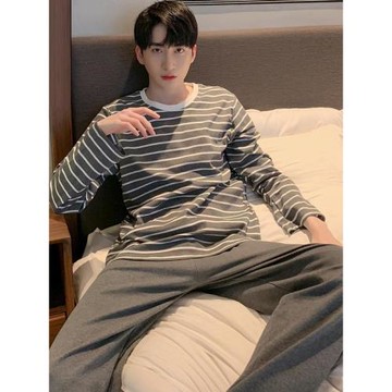 男士睡衣秋冬款純棉長袖可外穿條紋套裝青少年休閑家居服春季全棉