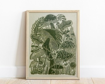 Linocut 印花植物綠色復古蘑菇 12x16 版畫牆藝術裝飾