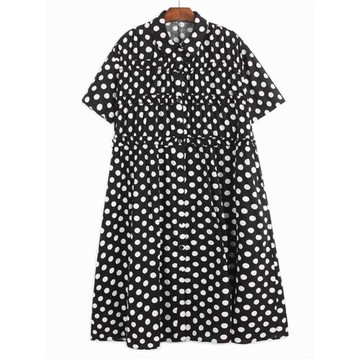 短袖翻領寬松波點連衣裙夏裝抽褶花邊寬松休閑中長款襯衫裙a字裙