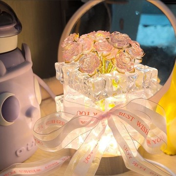 🔥臺灣夯貨+99免運✨玫瑰冰塊燈 手作小夜燈 永生花DIY材料包 禮物 冰塊燈 桌面擺件 夜燈 氛圍燈 玫瑰燈交換禮物