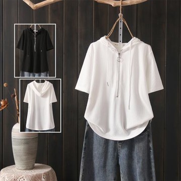 連帽大碼女裝夏季短袖胖mm寬松顯瘦坑條針織上衣遮肚子微胖潮T恤