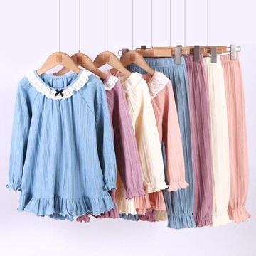 女童長袖睡衣純棉吸汗四季款家居服套裝母女裝公主蕾絲花邊睡衣褲