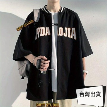 棒球衣 棒球襯衫 棒球衫 復古美式上衣 短袖襯衫 短袖上衣 夏季棒球領短袖襯衫男潮牌寬松大碼胖子半袖美式高街印花開衫外套