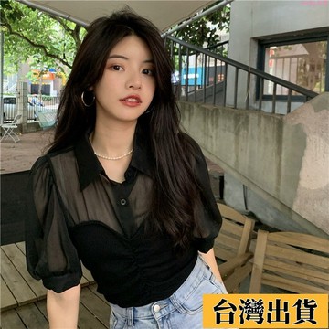 🌟新店優惠🌟春夏新款大碼胖妹妹 法式修身顯瘦 拚接假兩件 網紗雪紡襯衫短袖上衣 韓系短袖 純欲上衣 夏季上衣