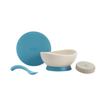 FLYTTA 幼兒吸盤式學習餐碗組合 適用年齡: 6個月以上  碗 + 碗蓋 + 湯匙 + 無痕碗墊  海洋蘇打藍  1組