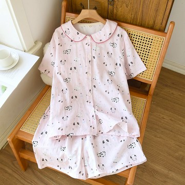 【現貨】夏季女短袖睡衣套裝 100%純棉紗布元寶領短袖短褲睡衣兩件套卡通小狗甜美可愛風家居服