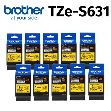 【10入組】brother TZe-S631 超黏性護貝標籤帶 ( 12mm 黃底黑字 )
