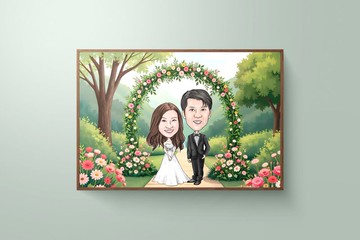 客製化禮物 手繪定製卡通風人像有框畫布 似顏繪情侶結婚新婚禮物