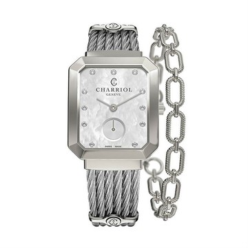CHARRIOL 夏利豪 (STRES560001) 方形真鑽小秒針銀色鋼索腕錶 /30x25.5mm