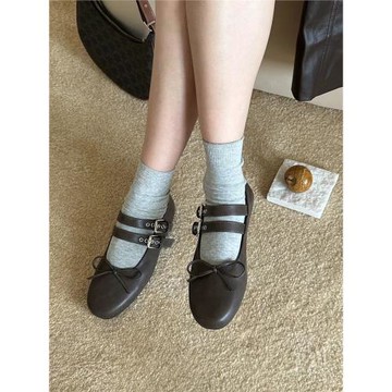 CHIC2023早春新品：韓國秋冬新款復古做舊感軟皮皮帶扣芭蕾舞鞋