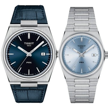 TISSOT 天梭 官方授權 PRX系列 70年代復刻石英對錶 情侶手錶 暑期質感選物 送禮首選-冰藍 T1374101604100+T1372101135100
