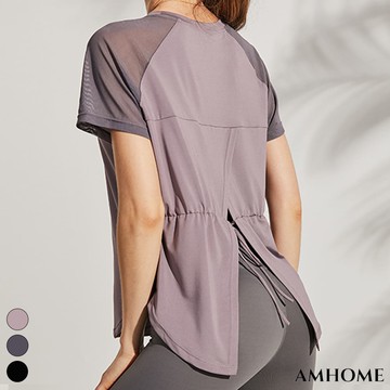 【Amhome】薄款跑步健身性感美背透氣速乾運動短袖T恤瑜珈上衣# 112452(現貨+預購)