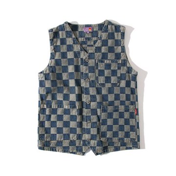 潮貨！設計師系列 美式復古格子牛仔馬甲阿美咔嘰多口袋工裝背心