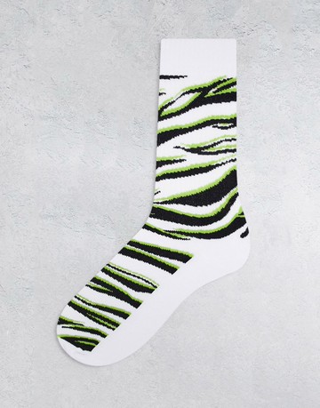 ASOS DESIGN sports sock in white, black and green zebra print-Multi