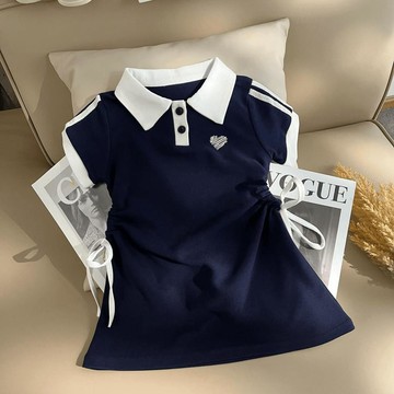 Mimo⭐女童學院風抽繩POLO領短袖連衣裙夏季中大童休閒裙子