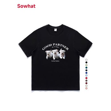 正肩t恤女小狗印花設計感小眾美式寬松顯瘦ins潮純棉短袖上衣女夏