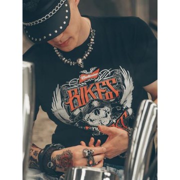 原創歐美復古街頭潮牌哥特風骷髏頭男士搖滾個性夸張街拍短袖t恤