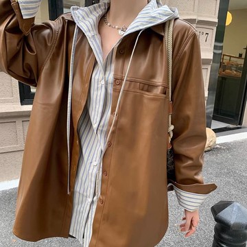 皮衣機車夾克女中長款大碼復古棕色懶惰風寬松上衣女春秋【倪醬】