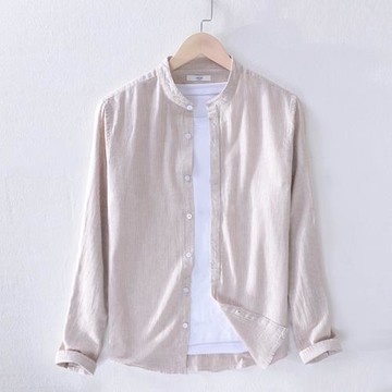 春夏男中國風亞麻長袖襯衫文藝青年立領條紋襯衣親膚外搭棉麻寸衫