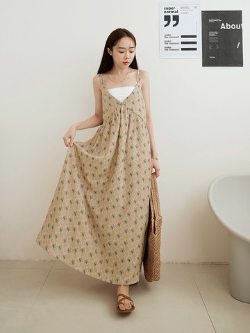 印花雪紡雙肩帶拼接傘襬洋裝